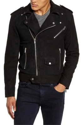 Men Black Leather Jacket Pure Soft Suede Biker Motorcycle Coat  - Image 1 of 4