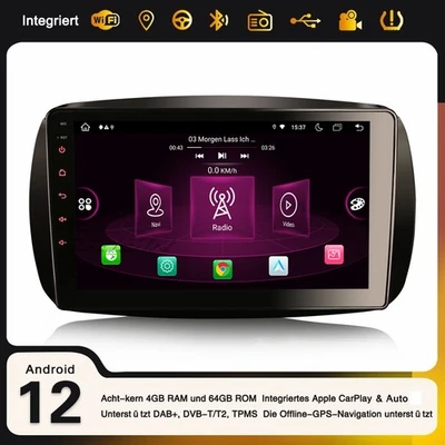 9" CarPlay Android 14 DAB+ Autoradio 8-Kern WiFi 64GB Navi DVB-T2 Mercedes SMART - Bild 1 von 4