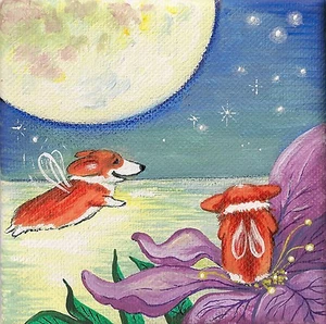 4X4 PRINT OF PAINTING RYTA PEMBROKE WELSH CORGI FOLK ART FAIRY GIFT WHIMSICAL - Picture 1 of 1