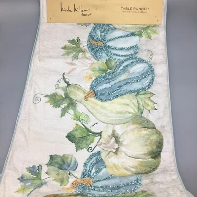 Nicole Miller Beaded Pumpkin Gourd Table Runner Blue Green Fall Decor 16x72 NEW - Image 1 of 4