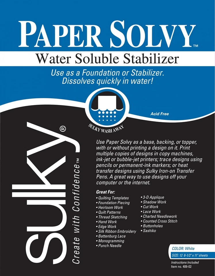 409-02 - Paper Solvy Water Soluble Stabiliser - 8.5in x 11in - 12 Sheets - Sulky - Image 1 of 1