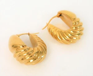 VINTAGE BEAUTIFUL 14K YELLOW GOLD MODERNIST RUFFLED HOOP EARRINGS 3.8 GRAM FINE - Picture 1 of 2