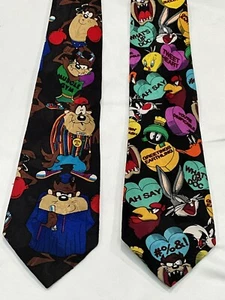 Lot Of 2 90s Looney Tunes Mania Neck Ties BUGS BUNNY, TAZ, MARVIN, TWEETY BIRD - Picture 1 of 5