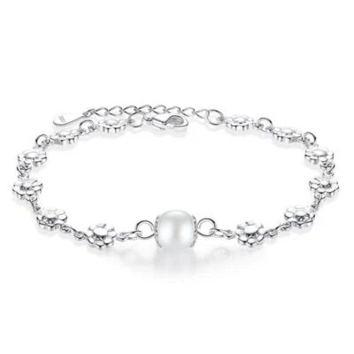 Sterling Silver 925 Women bracelet pearl and flowers W133 - Image 1 of 4