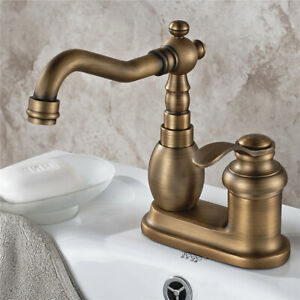 Antique Brass Deck Mount 2 Hole Bathroom Basin Faucet Vessel Sink Mixer Tap