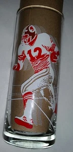 PANACHE TOUCHDOWN GLASS TUMBLER 6 1/4 " 2 3/8" RED,WHITE,&BROWN  FOOTBALL MINT - Picture 1 of 3