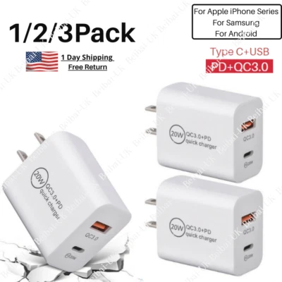 1-3X Dual Port 20W PD QC3.0 Fast Charger USB C Power Adapter For iPhone Samsung - Image 1 of 4