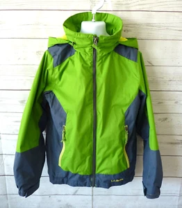 LL Bean Youth Small 8 Full Zip Rain Jacket Hooded Lined Green Yellow Blue - Picture 1 of 17