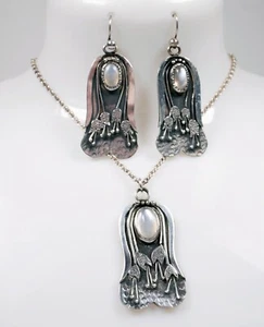 Jugendstil Kunsthandwerk Silber & Mondstein Anhänger & Kette & passende Ohrringe - Bild 1 von 6