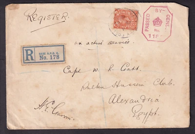 UK 1918 WWI registered censor cover Base APO K to Capt W R Gatt Alexandria - Image 1 of 2