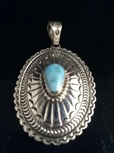 Handmade Sterling Silver Turquoise Concho Navajo Signed Pendant June Delgarito - Picture 1 of 10