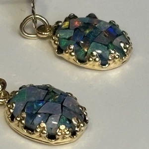 14K Gelbgold bunte Mosaik Feueropal Edelstein Ohrhänger ZZ - Bild 1 von 9