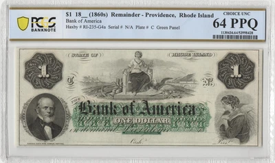 1860's Bank of America Providence RI $1 Obsolete Banknote PCGS Choice UNC 64 PPQ - Image 1 of 2