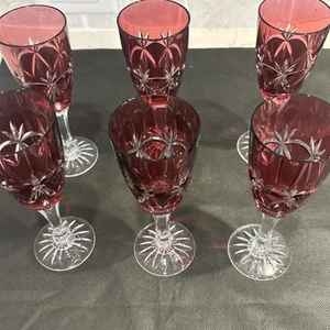 6 copas de champán/vino rojo rubí cristal corte - Imagen 1 de 7