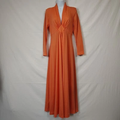 Vtg Coral 70s Hostess Maxi Dress Mod Long Sleeve V Neck Boho Hippie Union Made - Image 1 of 4