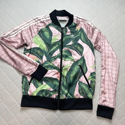 Adidas Originals Jacket Womens XS Pink Green Tropical Leaf Track Bomber Zip - Image 1 of 4