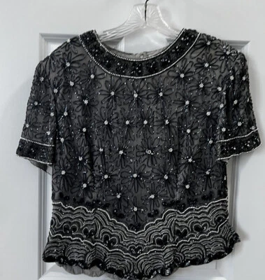 Blusa feminina vintage anos 90 Adrianna Papell Boutique noite preta de seda com miçangas tamanho XL - Imagem 1 de 4
