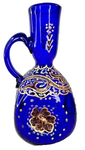 Persian? Cobalt Glass Cruet Enameled Gold Gilt Hand Blown - 6" - Picture 1 of 8