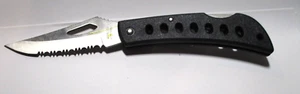 NEW - Serrated Blade - Black Pocket Folding Upswept Blade- Stainless Steel - Picture 1 of 4