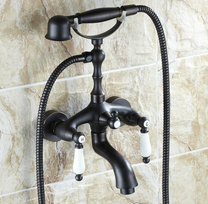   Oil Rubbed Bronze Wall Mount Clawfoot Bath Tub Faucet Tap w/ Handheld Shower - Image 1 of 3