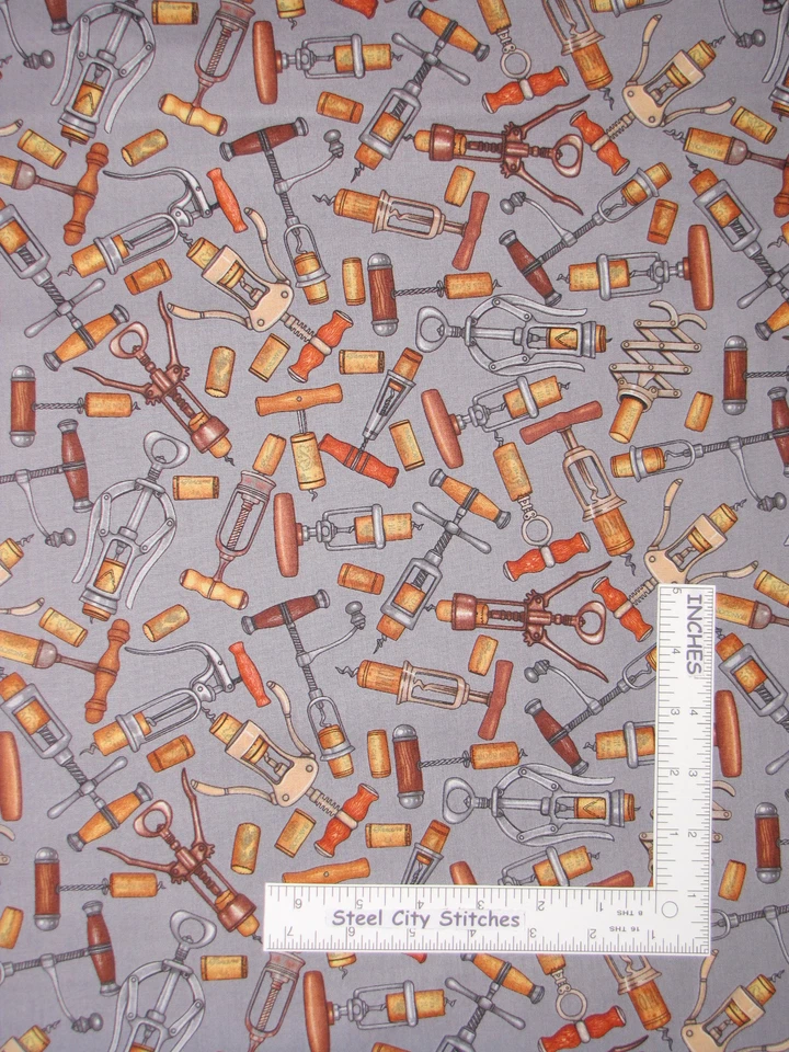 Wine Vineyard Fabric - Wine Corkscrew Toss Gray  #2503 RJR Over A Barrel - Yard - Image 1 of 1