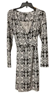 NICOLE MILLER MOCK WRAP 黑色白色连衣裙 12 码绑带轻便 — 第 1/4 张图片