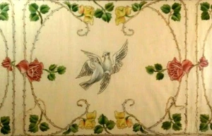 ANTIQUE BELLE EPOQUE PAINTED FABRIC TAPESTRY THORNY ROSES & DOVES FRAMED!  - Picture 1 of 12
