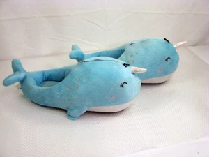 Light Blue Light Up Multicolor LED Narwhal Slippers Fluffy Soft Plush Unisex - Picture 1 of 12