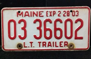 1x single MAINE L.T. Trailer License Plate 03 36602 Red White VIN/EXP 2003 - Picture 1 of 7