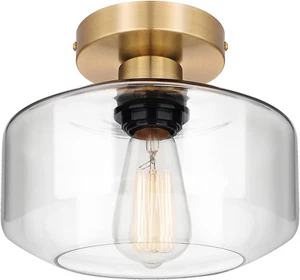 Industrial Semi Flush Mount Ceiling Light Gold, Clear Glass Pendant Lamp Shade, - Picture 1 of 12
