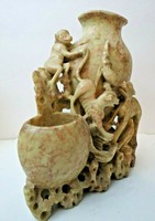 8 Antique Carved Soapstone Chinese Incised Brush Pot Vase Bird Flowers 4 Wells Ebay