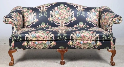 Conover Mahogany Chippendale Style Sofa Claw and Ball Feet Designer Fabric Cover