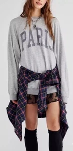 Free People Retro Brand Size SMALL “PARIS” Gray Crewneck Oversized Sweatshirt - Picture 1 of 12