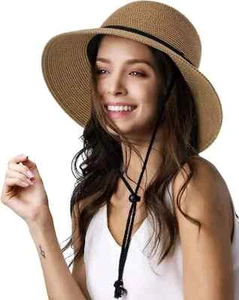 Womens Wide Brim Sun Hat with Wind Lanyard UPF Summer Straw Sun Hats M-L SIZE - Picture 1 of 6