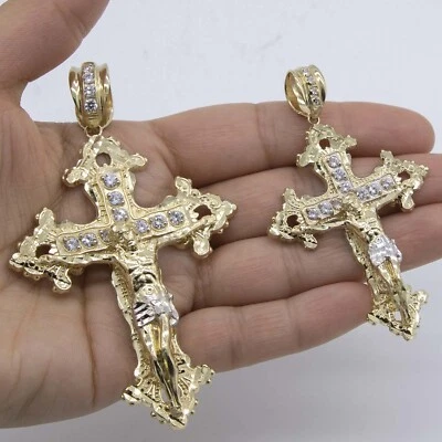 Colgante Cruz Crucifijo Jesús Corte Diamante Real Oro Amarillo Blanco 10K Foto 1 de 4