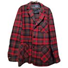 Vtg Pendleton Sport Unlined Wool Jacket Red Gray Plaid Leather Buttons Mens L