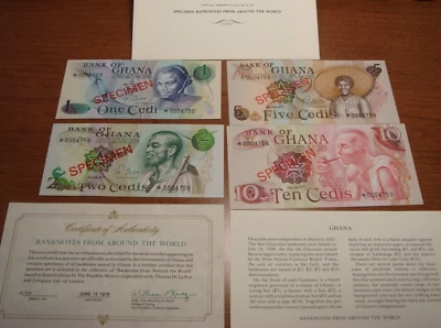 1977 Ghana 1, 2, 5, 10 Cedis Uncirculated Banknote Specimen Set w/ COA - Image 1 of 4
