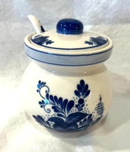 Vintage Delft Blue JAM JELLY HONEY POT / SUGAR BOWL With Lid & Spoon - Picture 1 of 5