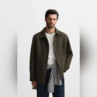 Zara Pockets overshirt Wool Men Jacket Green Button Down Lightweight size L - Image 1 of 4