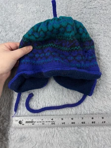 Beanie Toque Youth One Size Blue Knit 100% Wool Fair Isle Ear Flaps Made Canada - Picture 1 of 10