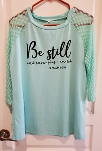 Sweatshirt XL With Sheer Sleeves "Be Still And Know..."  Light Teal - Picture 1 of 4
