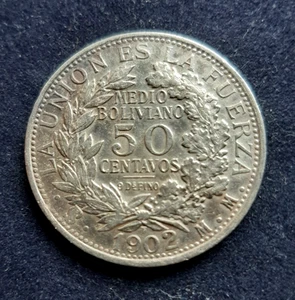 W0RLD COINS - Bolivia Silver 50 Centavos 1902 mm Km-175.1 Great Condition - Picture 1 of 2