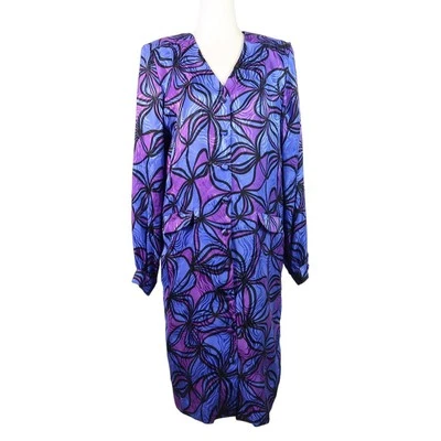 Vestido midi vintage años 80 Adrianna Papell azul púrpura estampado floral remolino seda 10 Foto 1 de 4