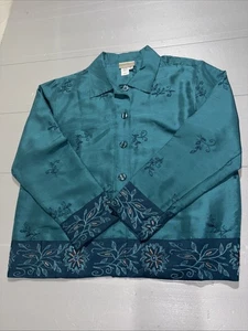 Coldwater Creek Medium 100% Silk Green Embroidered Button Down Long Sleeve Top - Picture 1 of 20