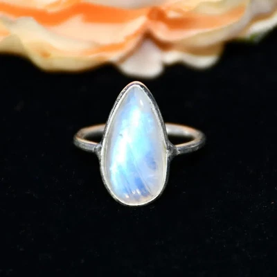 Pear Shape Moonstone Gemstone Ring 925 Sterling Silver Blue Fire Gift for Her - Image 1 of 4
