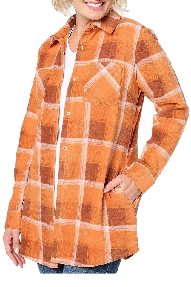 Denim&Co. Chaqueta para mujer estampada polar larga Slv botón a presión canela Foto 1 de 1