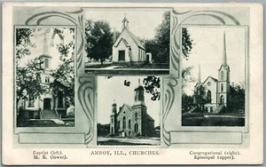 AMBOY IL CHURCHES ANTIQUE POSTCARD - Picture 1 of 2