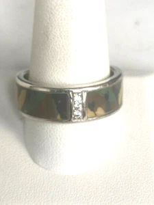 BOOVIE MEN'S 925 STERLING SILVER KHAKI ENAMEL AND CZ BAND RING SIZE 12 - Picture 1 of 9