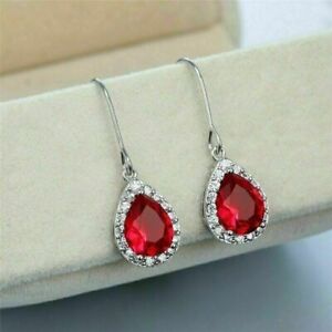 14K White Gold Plated 3 Ct Pear Cut Simulated Red Ruby Halo Drop/Dangle Earrings