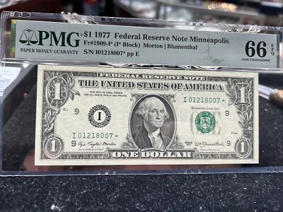 1977 $1 FRN Minneapolis STAR Fr. 1909-I* PMG 66EPQ Serial I01218007*  oo7 !!!!!! - Image 1 of 4
